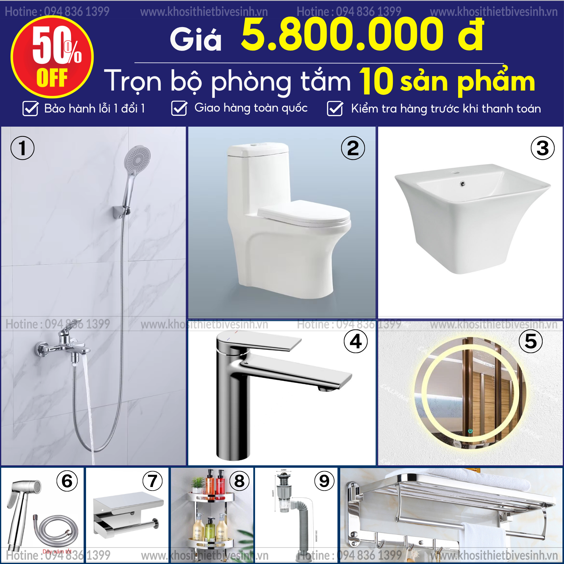 Combo thiết bị vệ sinh giá chỉ 5,8tr 10 món chất lượng cao